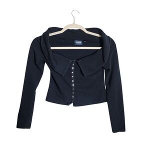 Maeve Anthropologie Navy Blue Ribbed Portrait Collar Snap Front Top Medium